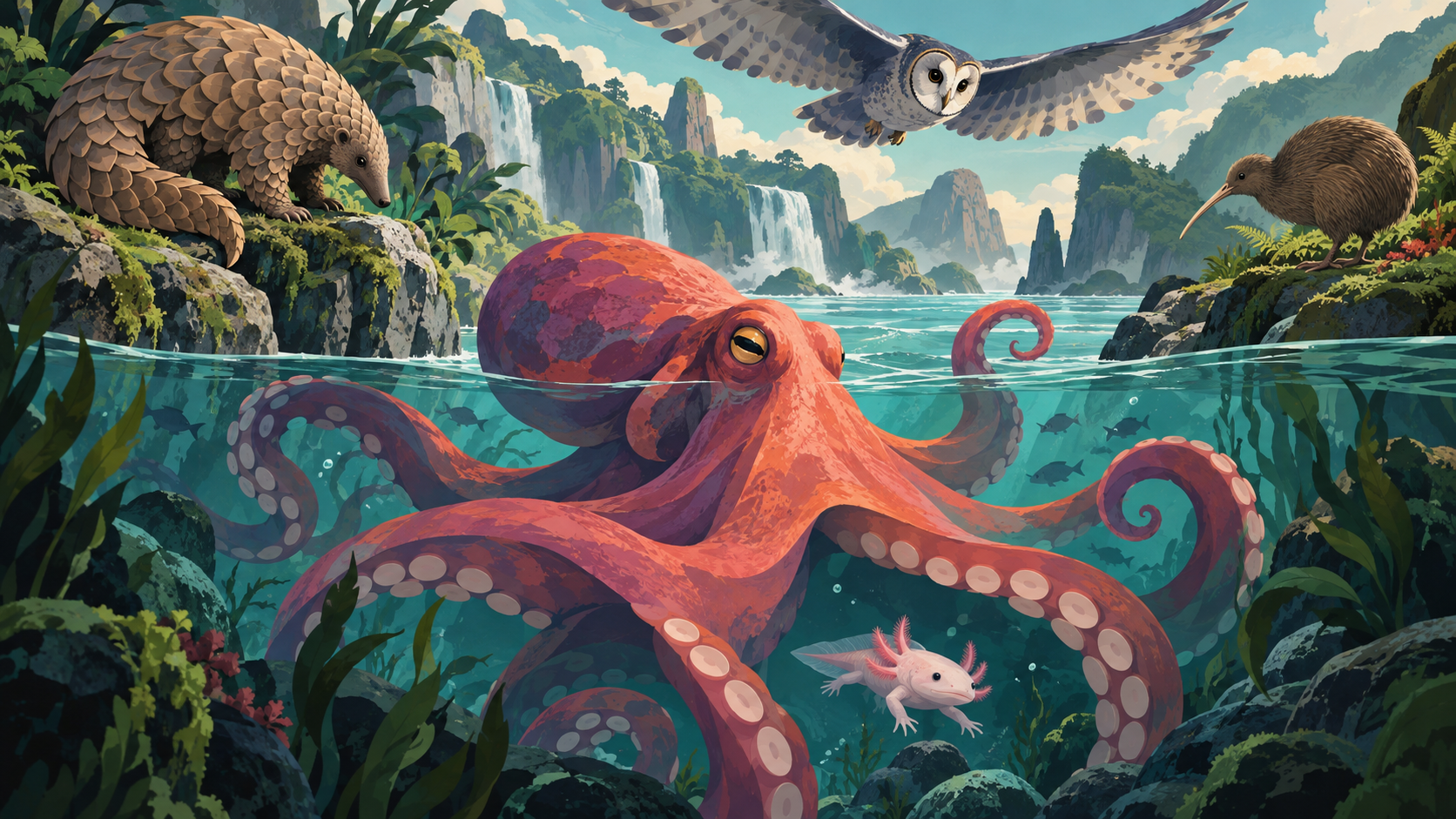Illustration of an octopus, pangolin, owl, kiwi, and axolotl