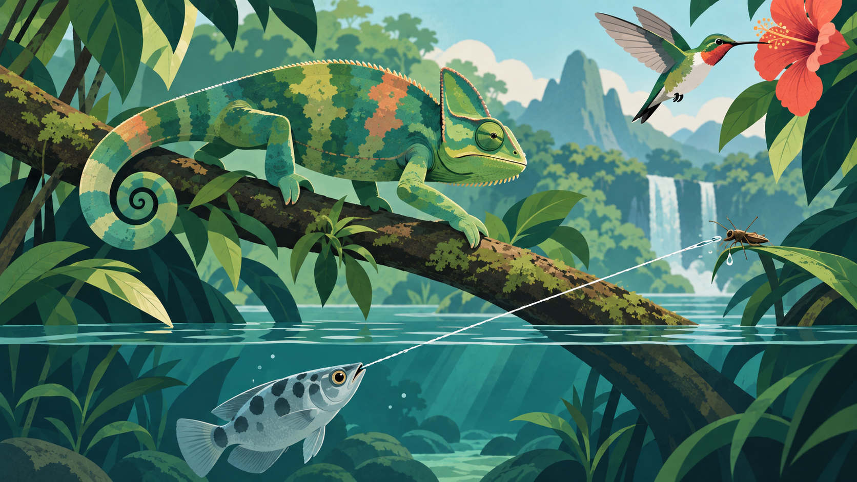 Illustration of a chameleon, hummingbird, archerfish, and water strider