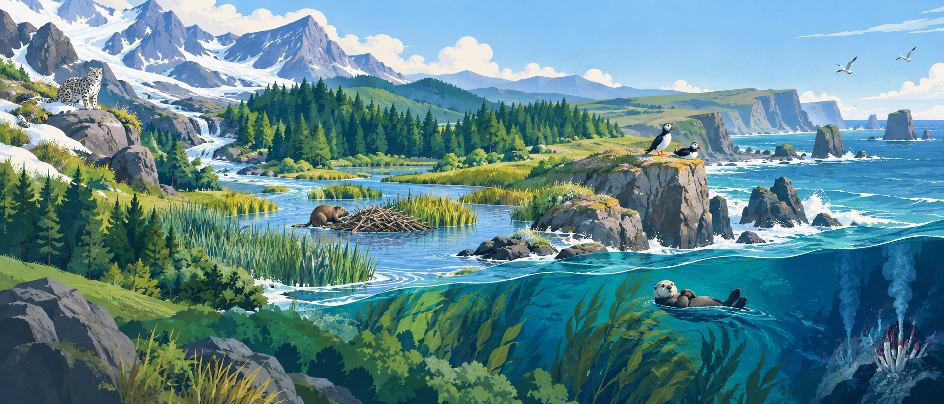 Illustration of a snow leopard, beaver, puffins, and sea otter across habitats