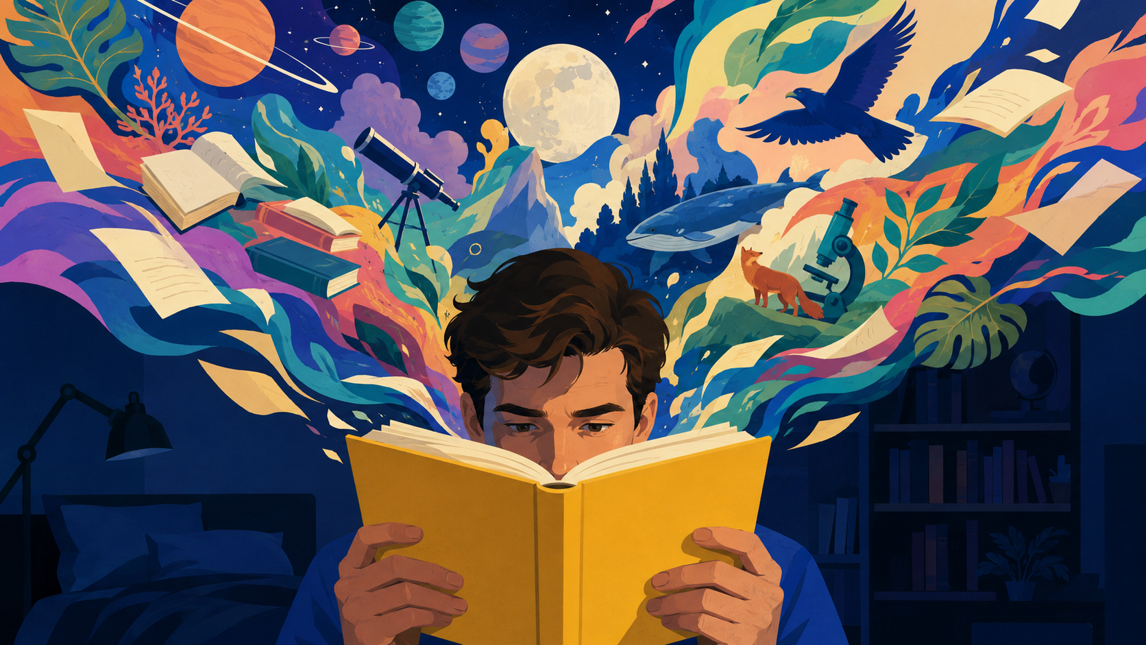 Editorial collage representing science, history, culture, geography, and literature