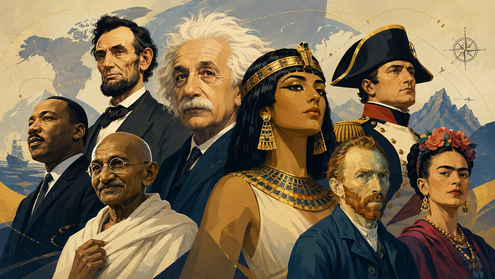 Editorial scene combining maps, landmarks, travel, and historical references