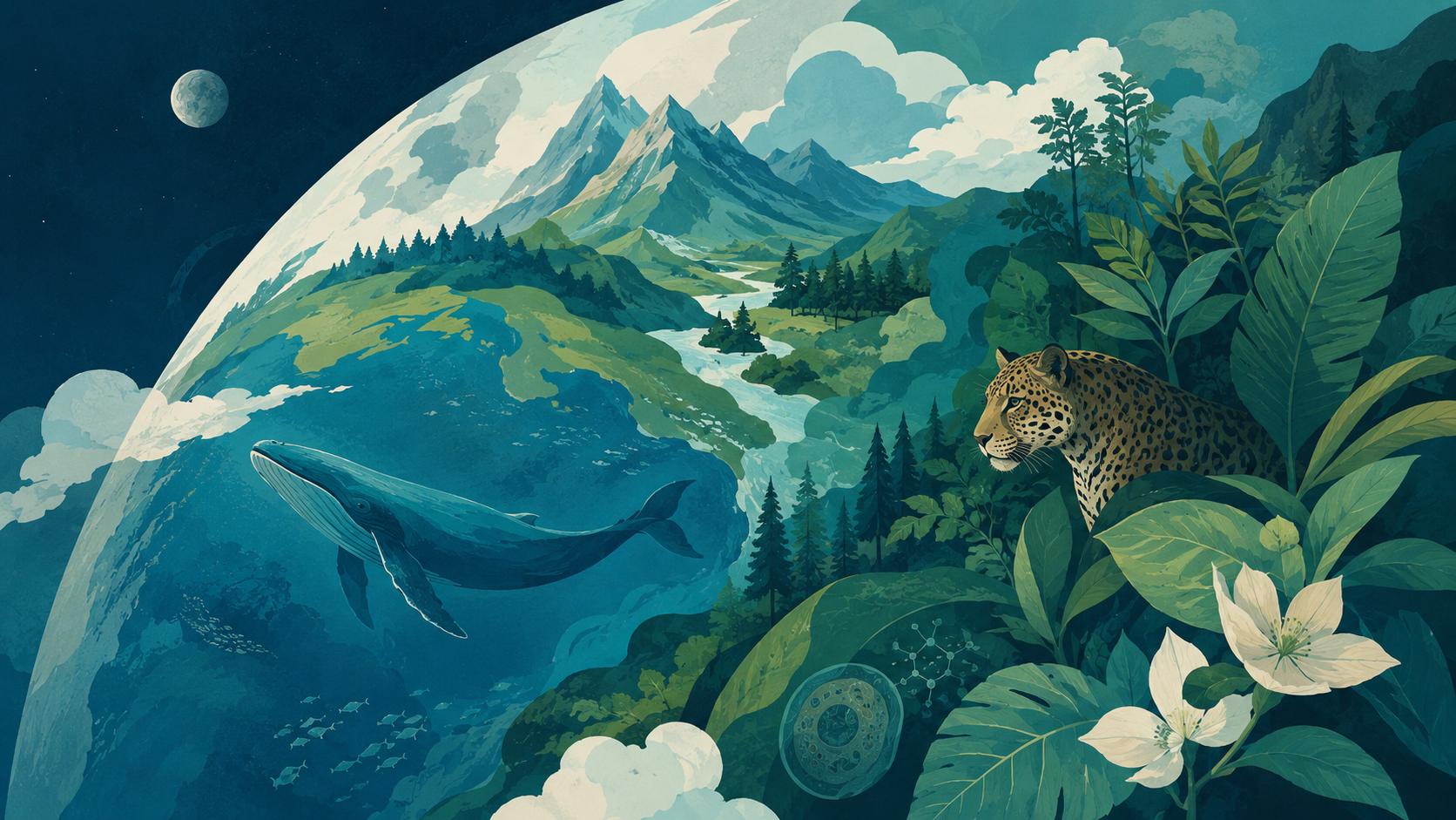 Editorial scene combining science, nature, observation, and discovery