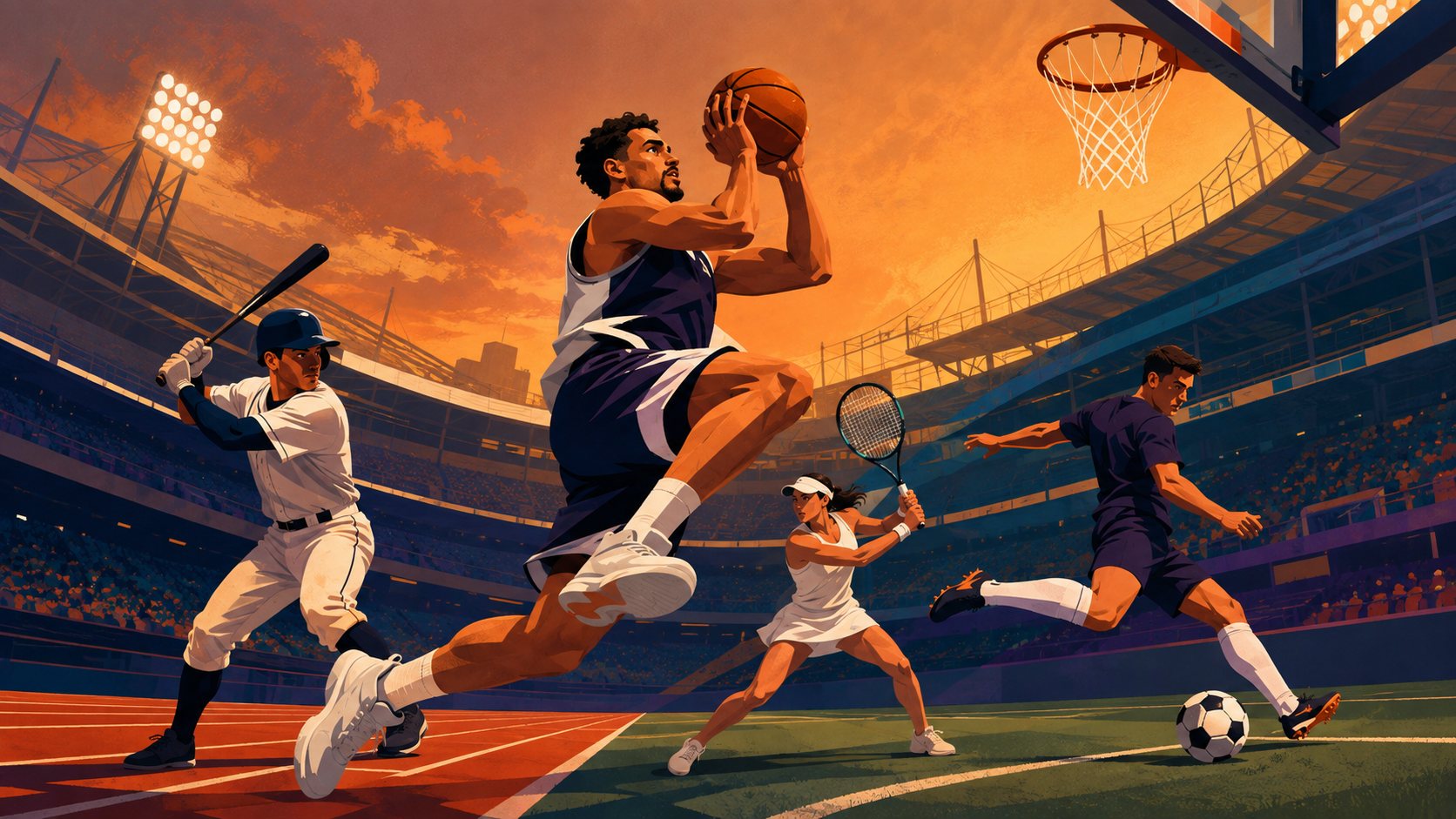 Editorial sports scene representing multiple games and competitive movement