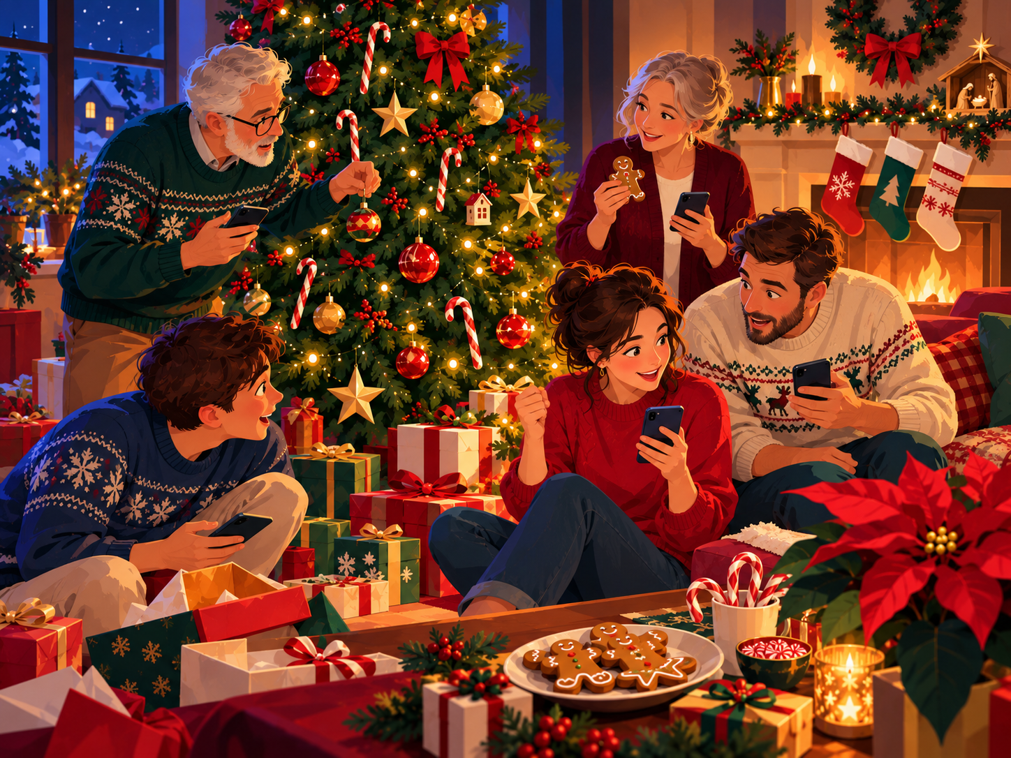 Five people holding phones around a Christmas tree, with gifts and gingerbread cookies