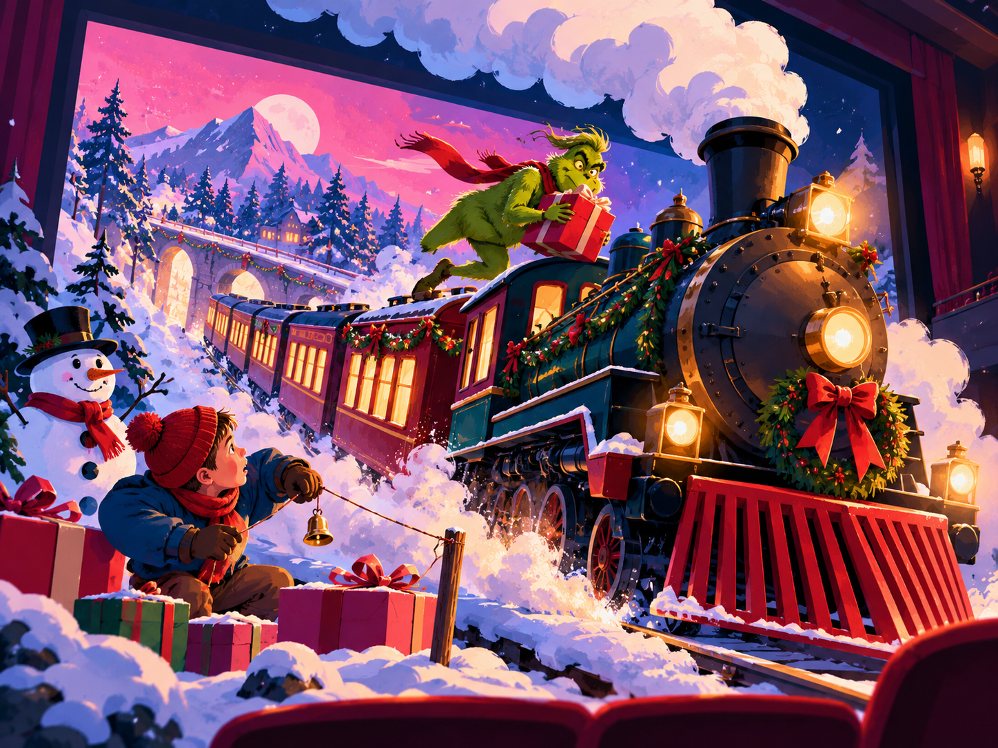 The Grinch holds a gift above a decorated steam train as a child rings a bell in the snow