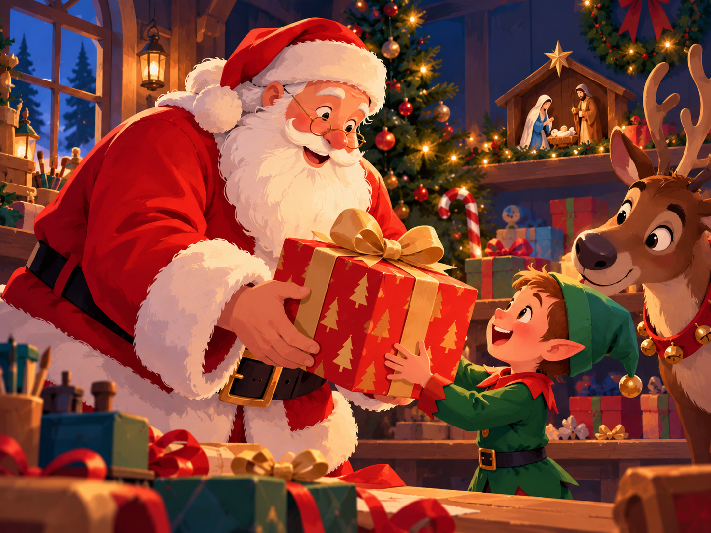 Santa hands a wrapped gift to an elf beside a reindeer and a Nativity scene