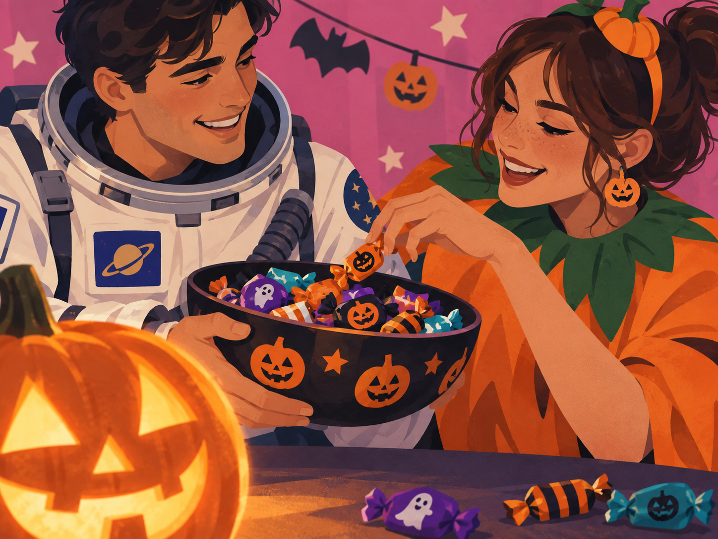 Friends in astronaut and pumpkin costumes sharing candy at a Halloween party