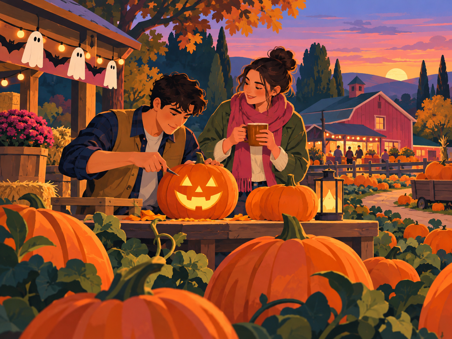 Friends carving a jack-o'-lantern at a pumpkin farm during a fall sunset