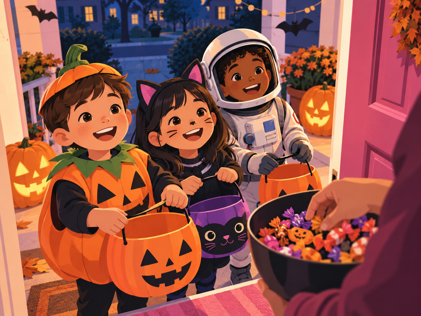 Children in pumpkin, cat, and astronaut costumes trick-or-treating with candy buckets