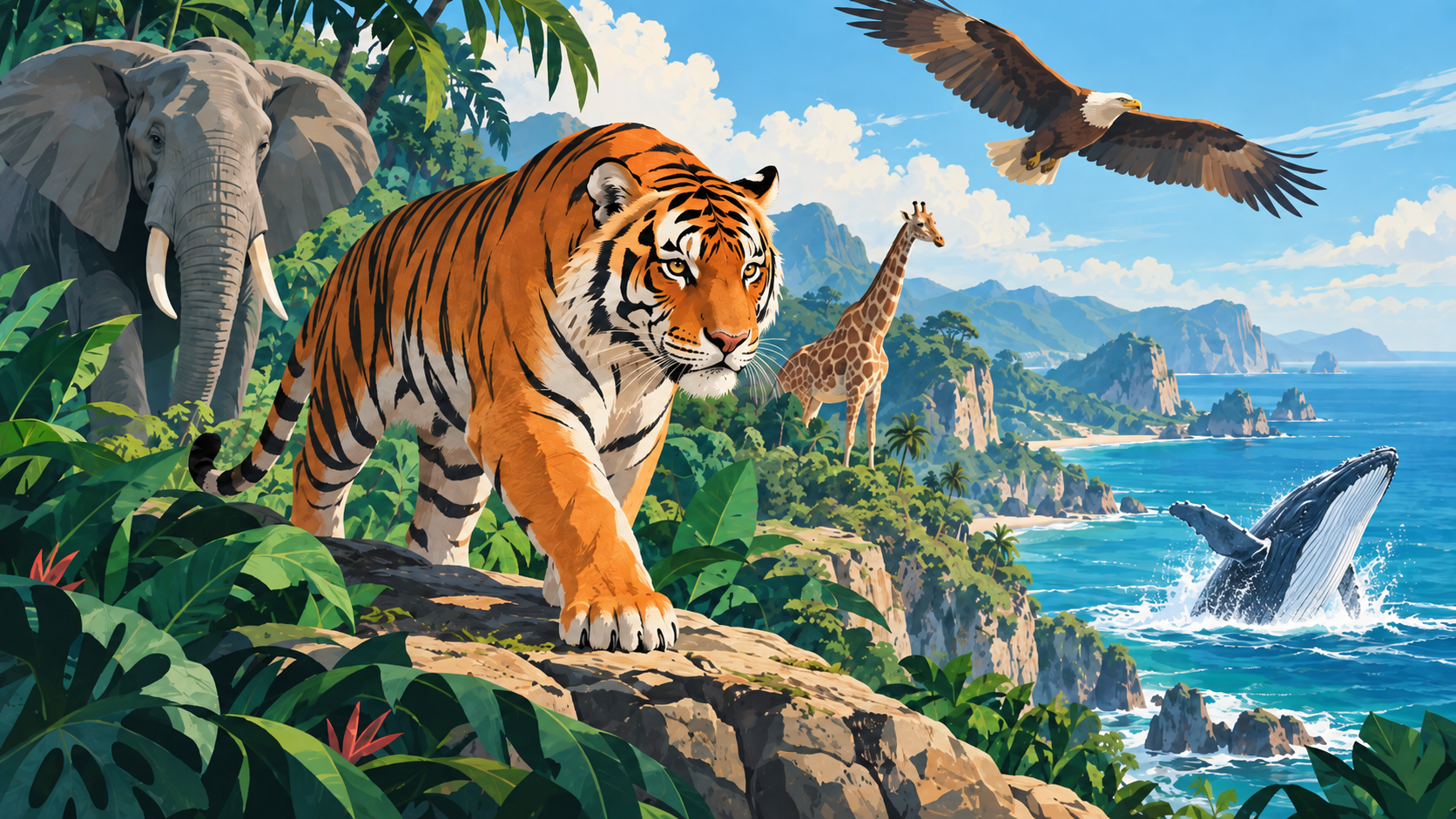 Illustrated elephant, tiger, giraffe, bald eagle, and whale across land and sea habitats