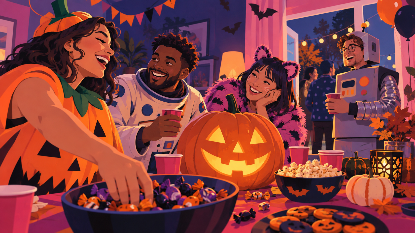 Friends in Halloween costumes gathered around a party table with candy, pumpkins, and decorations
