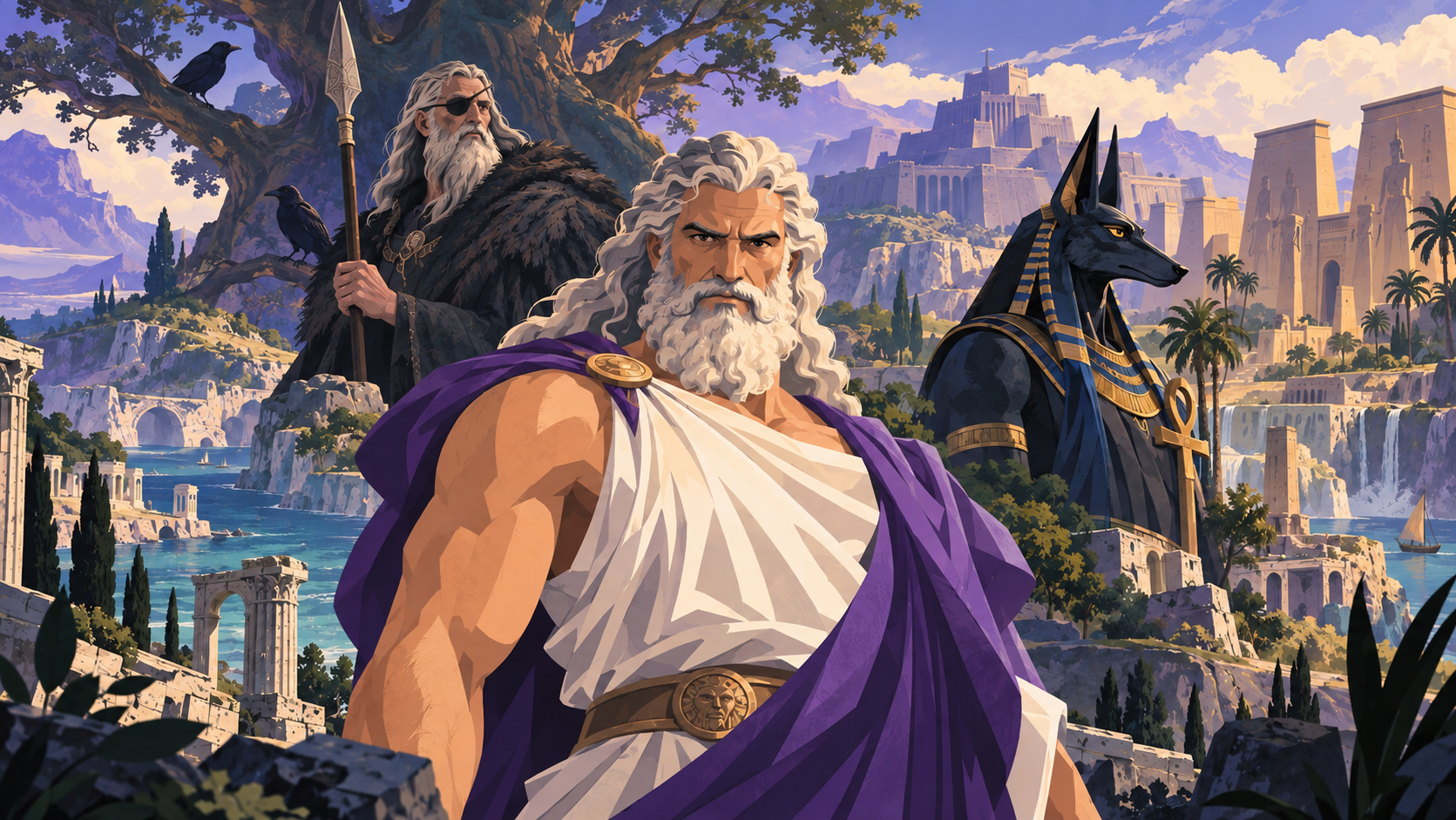 Editorial illustration bringing together imagery inspired by several ancient mythological traditions
