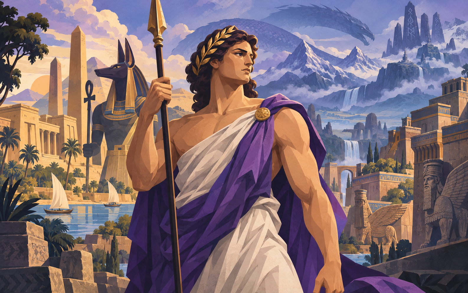 Editorial illustration representing mythology from several ancient traditions in a shared mythic landscape.