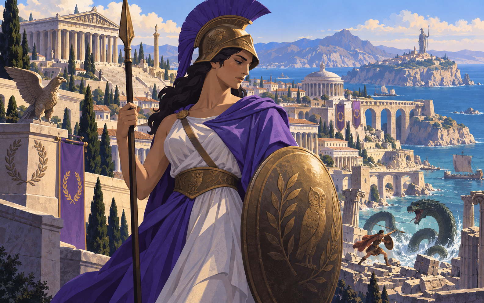 Editorial illustration inspired by Greek and Roman mythology with classical gods, heroes, architecture, and mythic creatures.