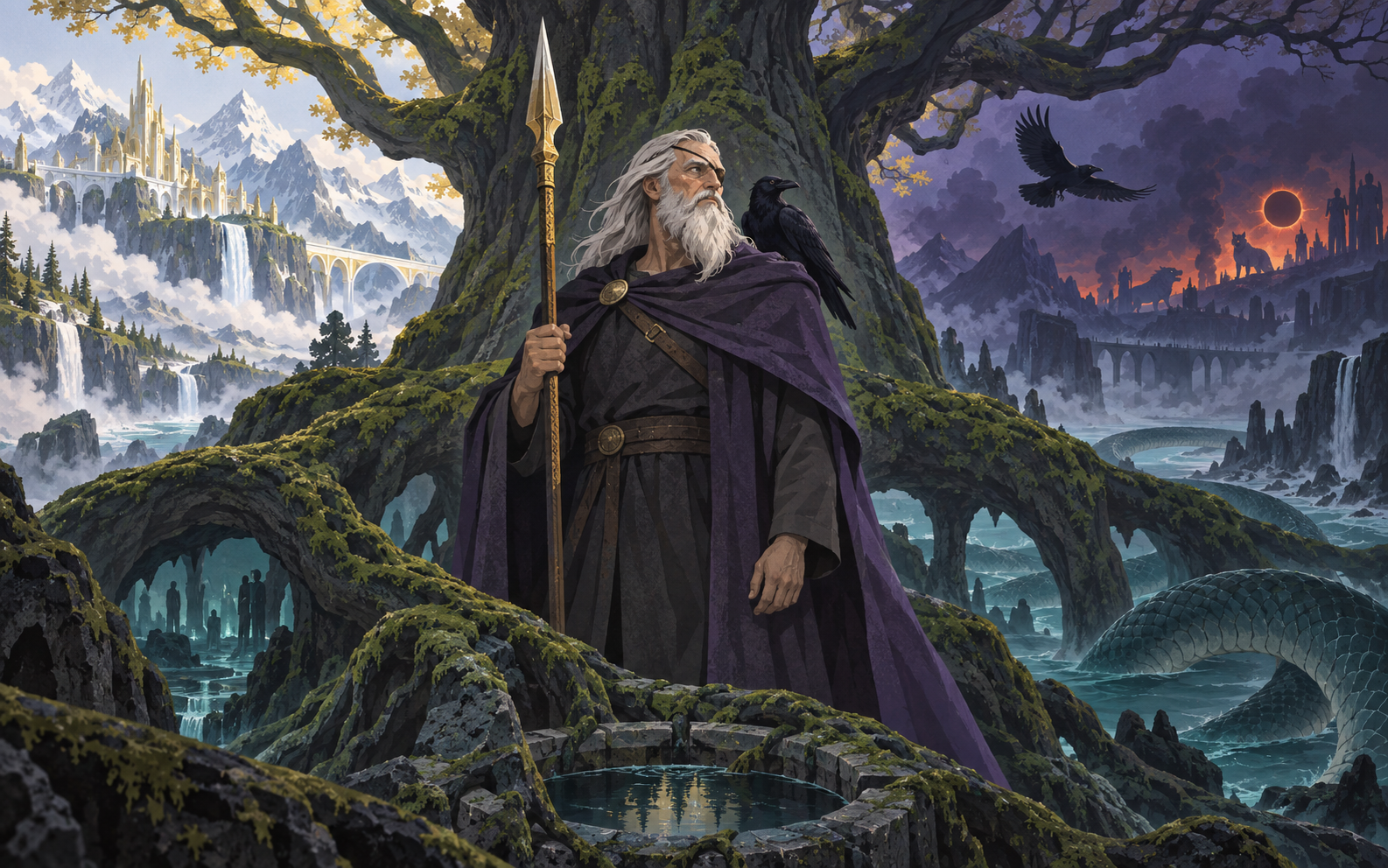 Editorial illustration inspired by Norse mythology with Yggdrasil, mythic figures, creatures, and Scandinavian landscape elements.