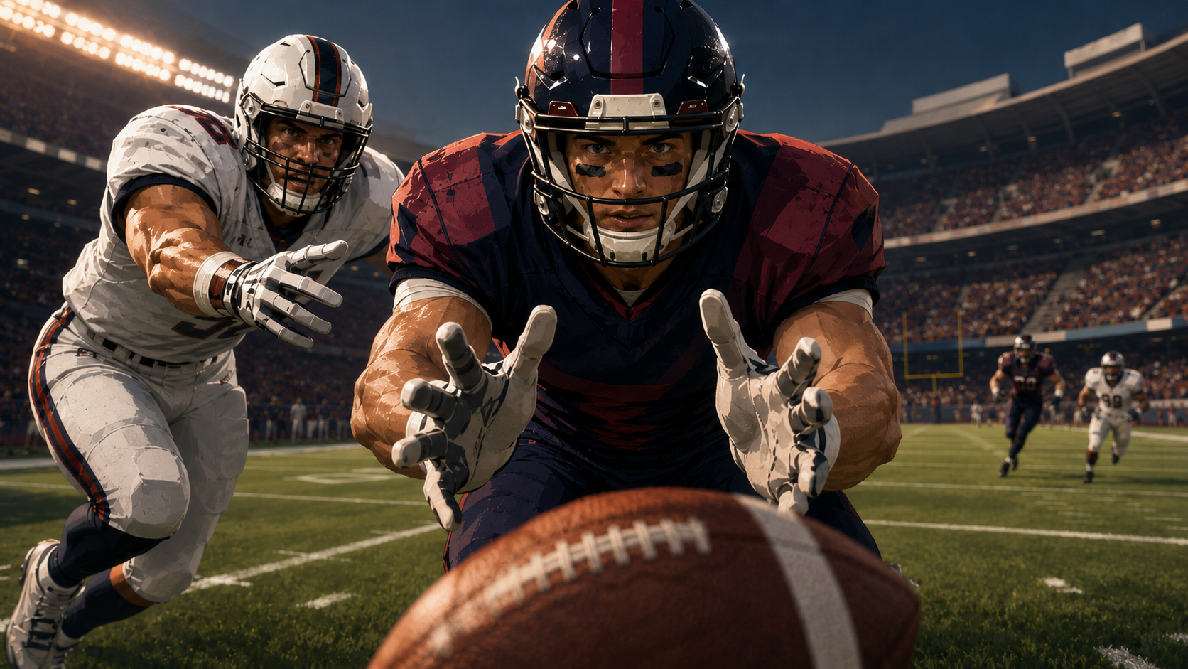 American football on a field under game-night lights