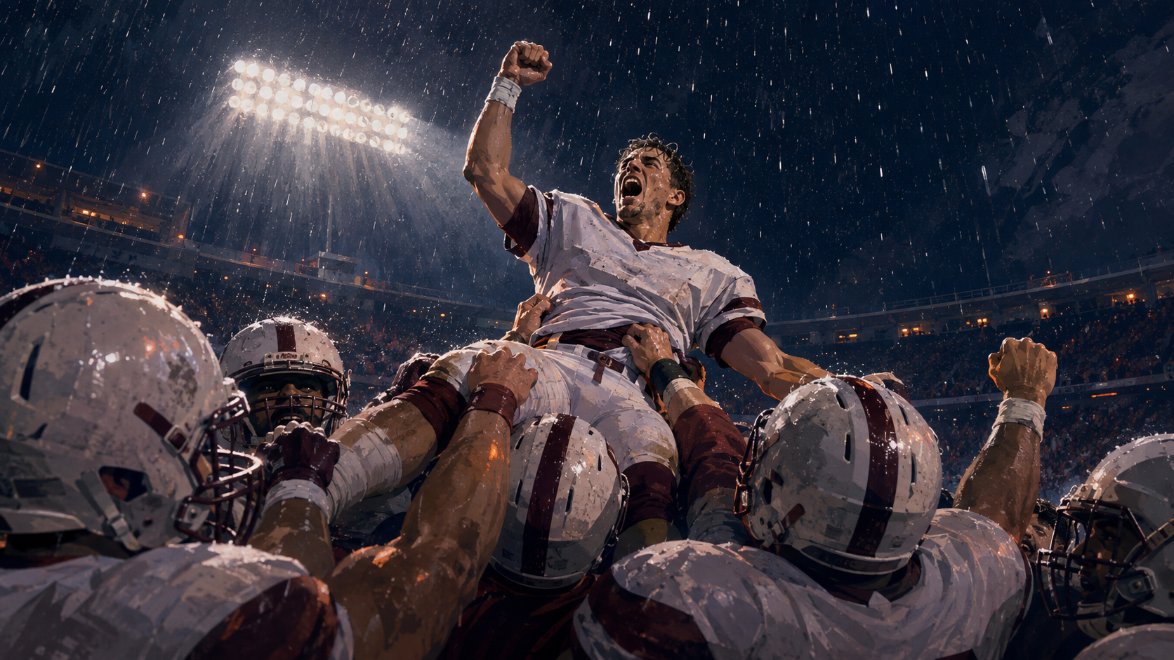 American football field with a city-inspired franchise-history atmosphere