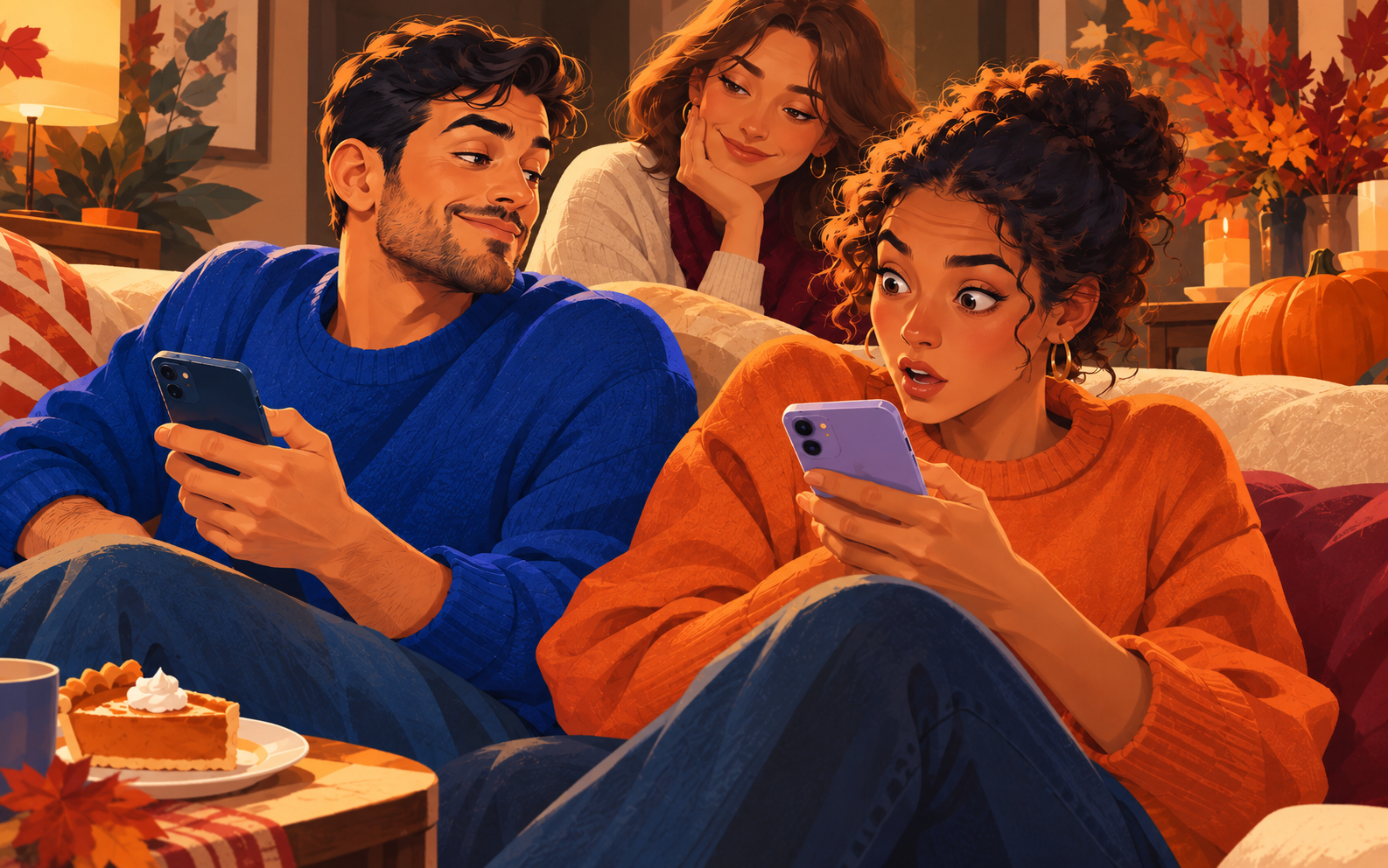 Two people holding phones on a sofa while another watches, with pumpkin pie and autumn decorations nearby