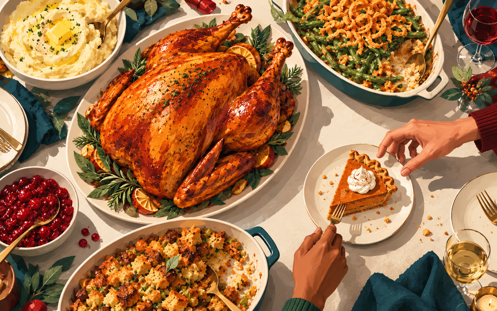 Thanksgiving table with roast turkey, mashed potatoes, green beans, cranberry sauce, stuffing, and a slice of pumpkin pie