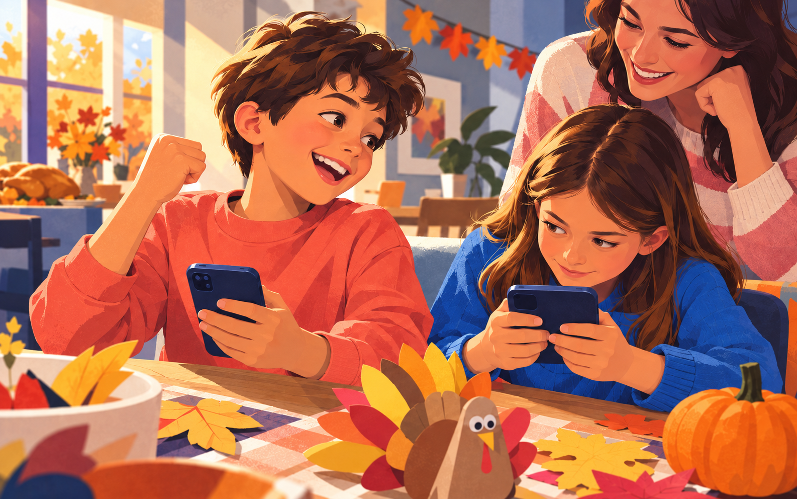 Two children holding phones with an adult watching beside them, with a paper turkey craft and pumpkin on the table