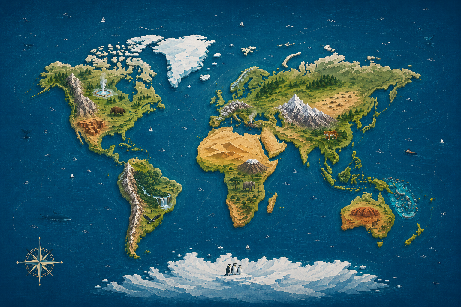Illustrated world map showing continents, terrain, oceans, and wildlife