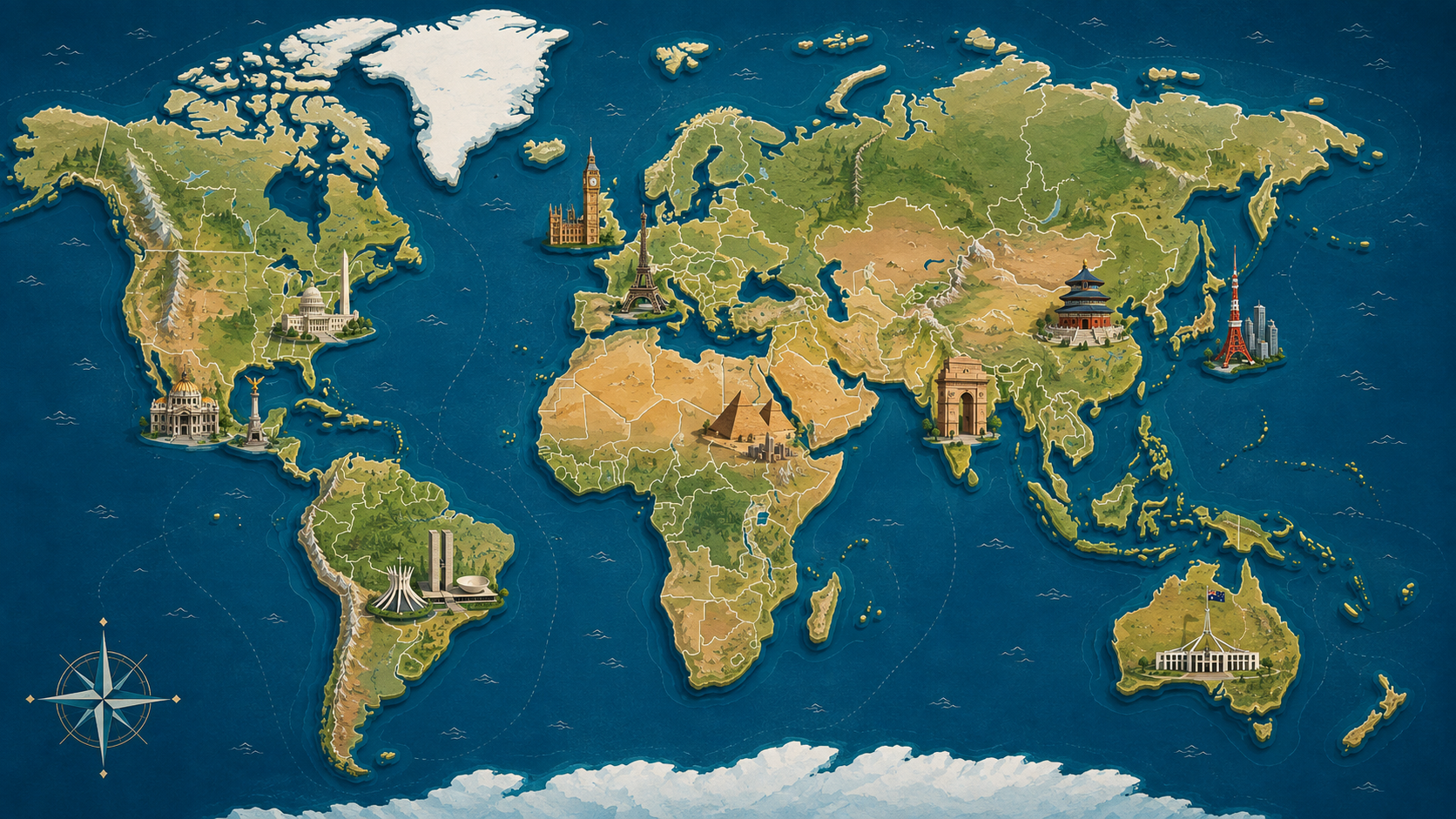Illustrated world map with country borders and landmarks around the continents
